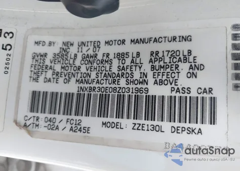 2008 Toyota Corolla S z USA, uszkodzony, nr VIN 1NXBR30E08Z031969